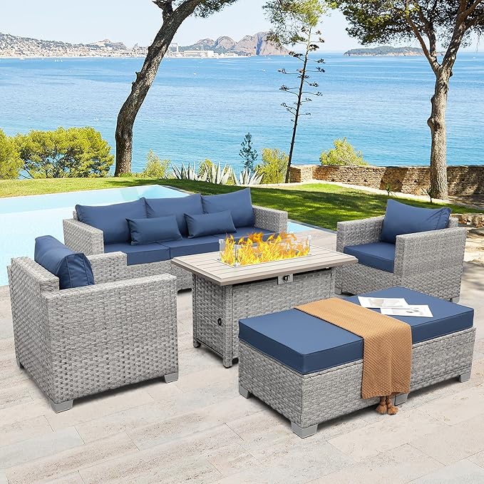 WAROOM Patio Furniture Set 6 Piece Grey Wicker Outdoor Furniture Patio Sectional Sofa Couch PE Rattan Conversation Sets with Fire Pit Table, Blue Cushion