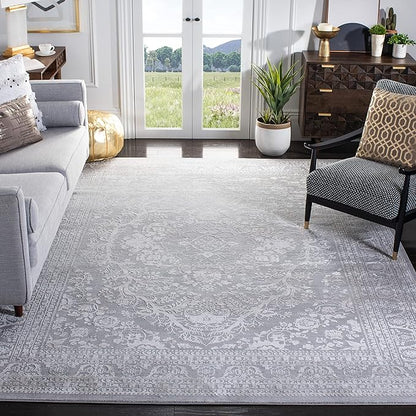 SAFAVIEH Area Rug 9x12 - Reflection Collection - Large - Light Grey & Cream, Non-Shedding & Easy Cleaning, Ideal for Living Room, Bedroom, Dining Space (RFT668G)