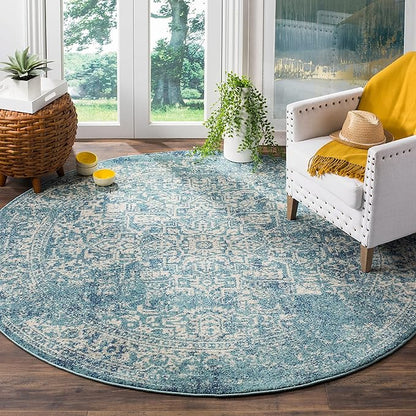 SAFAVIEH Evoke Collection Area Rug - 9' Round, Blue & Ivory, Distressed Design, Non-Shedding & Easy to Clean, Ideal for Living Room, Bedroom, Dining Space (EVK256C)
