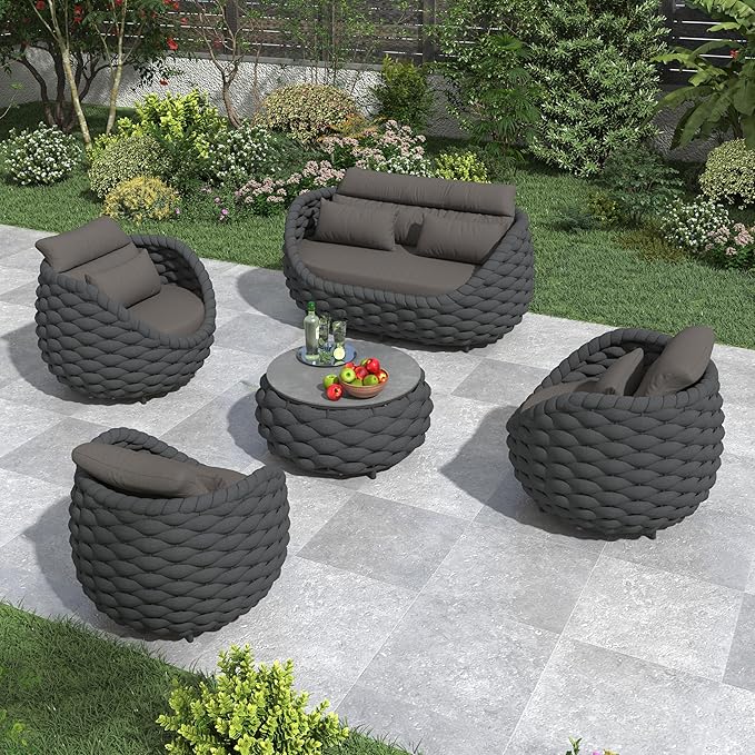 Aluminum Outdoor Seating Set: 5 Pieces Woven Rope Patio Furniture Conversation Set - Modern Deck Loveseat Set Cushioned - Assembled Metal Porch Lounge Set for Yard Garden Lanai Hotel, Dark Grey