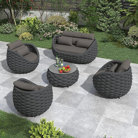 Aluminum Outdoor Seating Set: 5 Pieces Woven Rope Patio Furniture Conversation Set - Modern Deck Loveseat Set Cushioned - Assembled Metal Porch Lounge Set for Yard Garden Lanai Hotel, Dark Grey