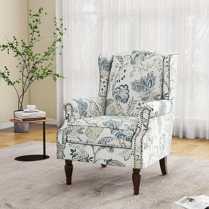 Accent Chair, Upholstered High Back Floral Armchair with Nailhead Trim & Wood Legs, Comfy Wingback Reading Single Sofa Chair for Small Spaces, Living Room, Bedroom ( Plants Blue Floral, Set of 2)