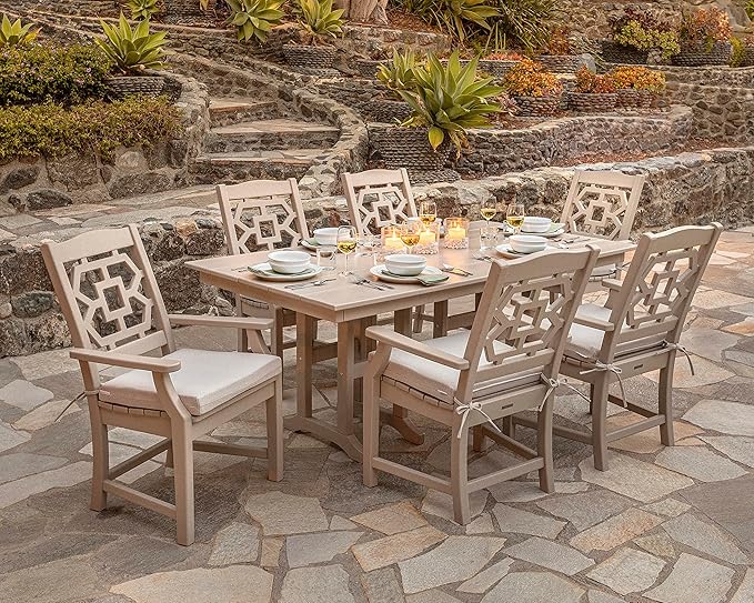 Martha Stewart by POLYWOOD Chinoiserie Outdoor Dining Side Chair, Slate Grey, Durable HDPE All-Weather, Comfortable Patio Seating with Latticework Back, Backyard, Garden Furniture, Made in The USA