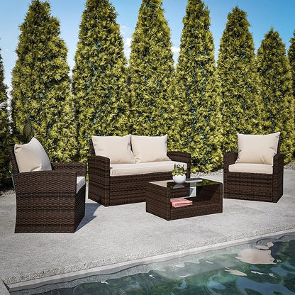 Flash Furniture Aransas Series 4 Piece Brown Patio Set with Beige Back Pillows and Seat Cushions