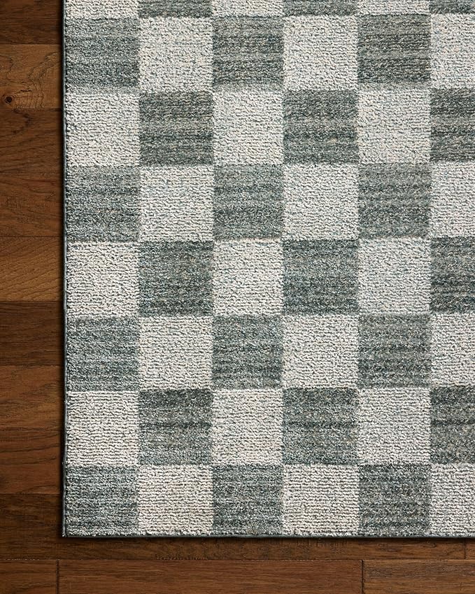 Loloi Chris Loves Julia Calvin Collection CLV-01 Blue/Ivory 6'-3" x 9'-6" Area Rug Checkered Neutral Soft Living Room Bedroom Carpet