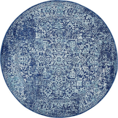 SAFAVIEH Evoke Collection Area Rug - 9' Round, Navy & Ivory, Distressed Design, Non-Shedding & Easy to Clean, Ideal for Living Room, Bedroom, Dining Space (EVK256A)