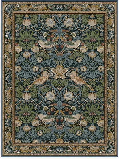 RUGGABLE x Morris & Co Washable Area Rug – Strawberry Thief Indigo 9x12, Stain-Resistant, Non-Slip – Large Machine Washable Rugs for Living Room, Bedroom, Hallway, Entryway & Office–with Standard Pad