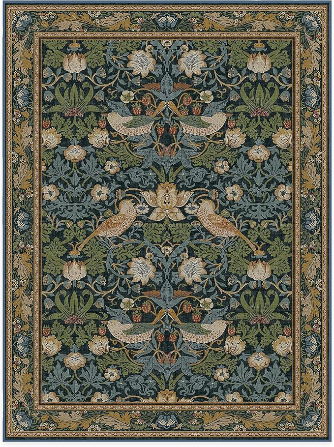 RUGGABLE x Morris & Co Washable Area Rug– Strawberry Thief Indigo 9x12, Stain-Resistant, Non-Slip – Large Machine Washable Rugs for Living Room, Bedroom, Hallway, Entryway & Office–with Cushioned Pad