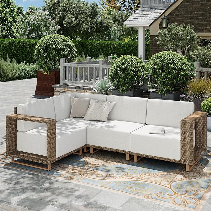 HERA'S HOUSE 4 Pieces Patio Furniture Set, Sectional Outdoor Rattan Wicker Sofa, All Weather Patio Conversation Set with 5.3" Widened Armrest, 10" Ultra Thick Comfy Sponge Cushion, Patio Couch