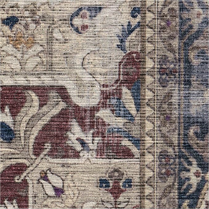 RUGGABLE Washable Vintage Area Rug – Kamran Royal Blue 6 ft Round, Stain-Resistant, Non-Slip – Medium Machine Washable Rugs for Living Room, Bedroom, Hallway, Entryway & Office–with Standard Pad