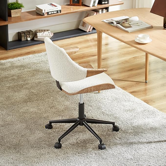 Art Leon Swivel Desk Chair, Mid Century Modern Office Chair with Wheels, Boucle Fabric Upholstered Arm Chair, Adjustable Height Task Chair with Metal Base, Washed Oak Bentwood, White