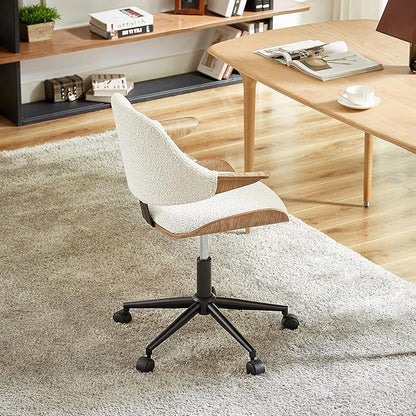 Art Leon Swivel Desk Chair, Mid Century Modern Office Chair with Wheels, Boucle Fabric Upholstered Arm Chair, Adjustable Height Task Chair with Metal Base, Washed Oak Bentwood, White