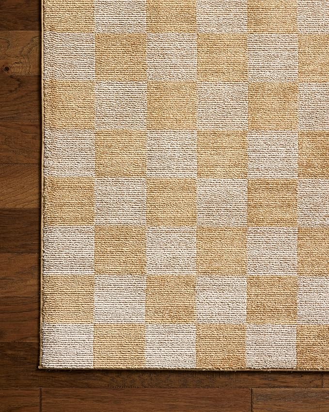 Loloi Chris Loves Julia Calvin Collection CLV-01 Apricot/Ivory 2'-7" x 7'-6" Runner Rug Checkered Neutral Soft Living Room Bedroom Carpet