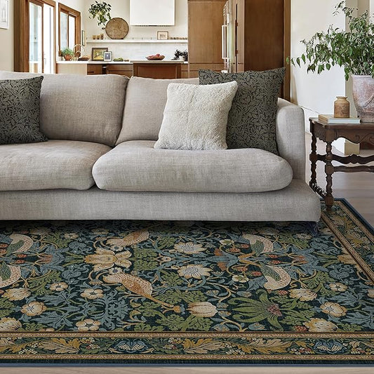 RUGGABLE x Morris & Co Washable Area Rug – Strawberry Thief Indigo 6x9, Stain-Resistant, Non-Slip – Medium Machine Washable Rugs for Living Room, Bedroom, Hallway, Entryway & Office–with Standard Pad