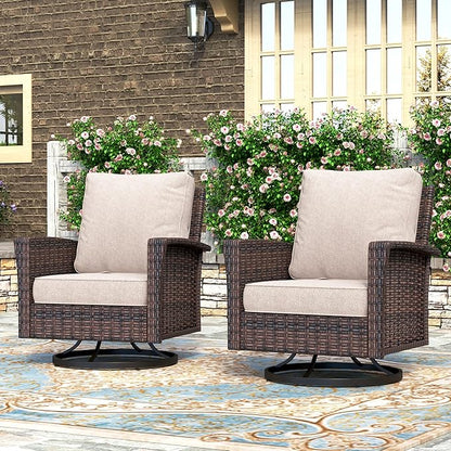 HERA'S HOUSE Outdoor Furniture, 2 x High Back Swivel Patio Chairs with 5.5" Cushions Wicker Rattan Deck Balcony Porch Furniture, Beige