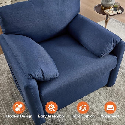 Oversized Accent Chair 38" Wide Mid-Century Modern Armchair for Living Room,USB and Type-C Ports,Comfy Reading Chairs for Bedroom with Side Pockets,Single Sofa Chair (Blue, Set of 1)