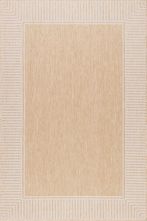 nuLOOM 10x14 Outdoor/Indoor Asha Area Rug, Tan, Casual Design with Striped Border, Stain Resistant, Highly Durable, for Patio, Balcony, Bedroom, Living Room, Dining Room, Bathroom