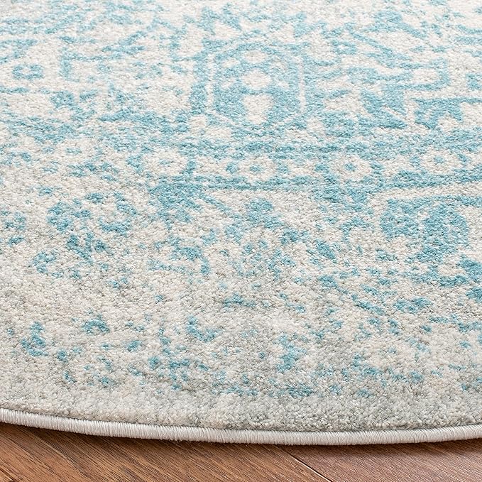 SAFAVIEH Evoke Collection Area Rug - 5'3" Round, Ivory & Aqua, Distressed Design, Non-Shedding & Easy to Clean, Ideal for Living Room, Bedroom, Dining Space (EVK256J)