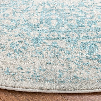 SAFAVIEH Evoke Collection Area Rug - 5'3" Round, Ivory & Aqua, Distressed Design, Non-Shedding & Easy to Clean, Ideal for Living Room, Bedroom, Dining Space (EVK256J)
