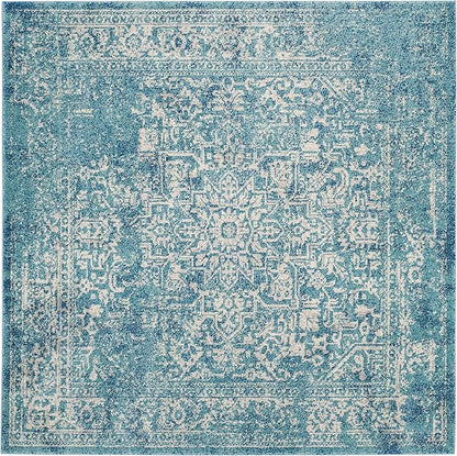 SAFAVIEH Evoke Collection Area Rug - 9' Square, Blue & Ivory, Distressed Design, Non-Shedding & Easy to Clean, Ideal for Living Room, Bedroom, Dining Space (EVK256C)