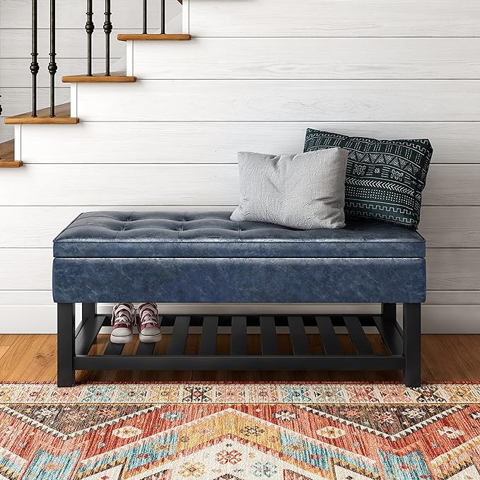 SIMPLIHOME Cosmopolitan 44 inch Wide Transitional Rectangle Storage Ottoman Bench with Open Bottom in Denim Blue Vegan Faux Leather, Assembled for the Living Room and Bedroom