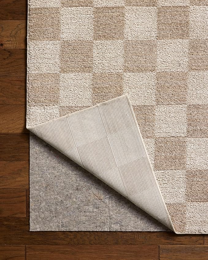 Loloi Chris Loves Julia Calvin Collection CLV-01 Pebble/Ivory 5'-3" x 7'-6" Area Rug Checkered Neutral Soft Living Room Bedroom Carpet