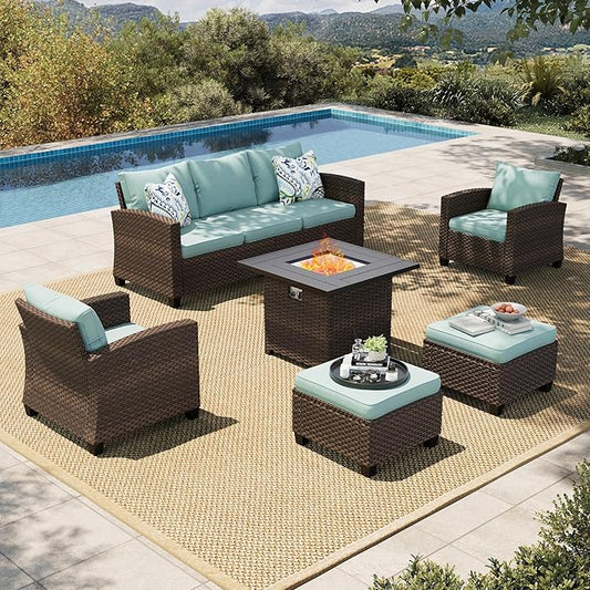 HERA'S HOUSE Wicker Patio Furniture Set with Fire Pit Table, 6 Pieces Outdoor Seating Furniture with Thick Cushions, 7 Seats Patio Conversation Sofa Sets, Blue