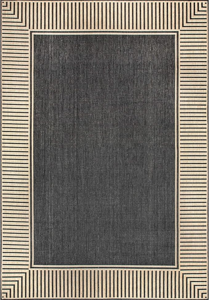 nuLOOM 9'6" x 12' Outdoor Area Rug, Casual Design With Striped Border, Stain Resistant, Highly Durable, For Patio, Balcony, Bedroom, Living Room, Dining Room, Bathroom, Dark Grey