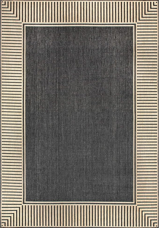 nuLOOM 9'6" x 12' Outdoor Area Rug, Casual Design With Striped Border, Stain Resistant, Highly Durable, For Patio, Balcony, Bedroom, Living Room, Dining Room, Bathroom, Dark Grey