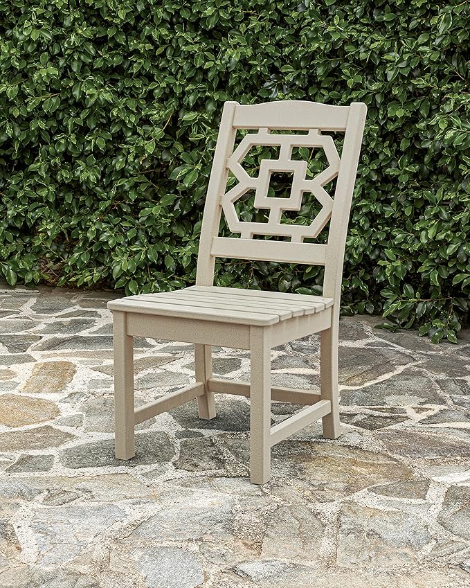 Martha Stewart by POLYWOOD Chinoiserie Outdoor Dining Side Chair, Black, Durable HDPE All-Weather, Comfortable Patio Seating with Latticework Back, Backyard, Garden Furniture, Made in The USA