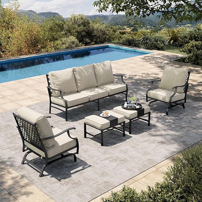 HERA'S HOUSE 5 Pieces Patio Furniture Set, 2 x Cushioned Rocking Chair, 2 x Ottoman, 1 x 3-Seat Sofa, All Cushioned 7 Seats Outdoor Conversation Set for Lawn Garden Backyard