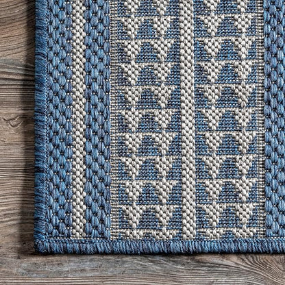 nuLOOM 6'7" Round Outdoor Tribal Geometric Area Rug, Stain Resistant, Weather Resistant, High Traffic, Patio, Balcony, Outside, Ranya Blue