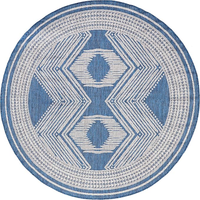 nuLOOM 6'7" Round Outdoor Tribal Geometric Area Rug, Stain Resistant, Weather Resistant, High Traffic, Patio, Balcony, Outside, Ranya Blue