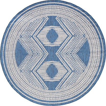 nuLOOM 6'7" Round Outdoor Tribal Geometric Area Rug, Stain Resistant, Weather Resistant, High Traffic, Patio, Balcony, Outside, Ranya Blue