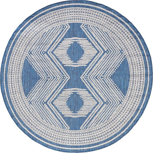 nuLOOM 6'7" Round Outdoor Tribal Geometric Area Rug, Stain Resistant, Weather Resistant, High Traffic, Patio, Balcony, Outside, Ranya Blue