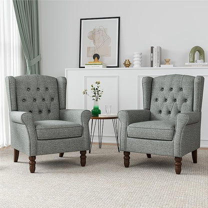 High Back Accent Chairs Set of 2, High Wingback Chair for Living Room, Button-Tufted Upholstered Fabric Armchair with Solid Wood Legs, Comfy Single Sofa Reading Chair for Bedroom, Gray