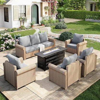 Patio Furniture Set 6 pcs, Wicker Outdoor Patio Furniture, 3-Seat Sofa, 4 Single Chairs and 56" Gas Fire Pit Table, Rattan Patio Conversation Set for Backyard Deck, Grey