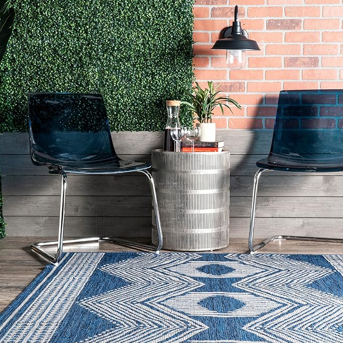 nuLOOM 3'6" x 5' Outdoor Tribal Geometric Area Rug, Stain Resistant, Weather Resistant, High Traffic, Patio, Balcony, Outside, Ranya Blue