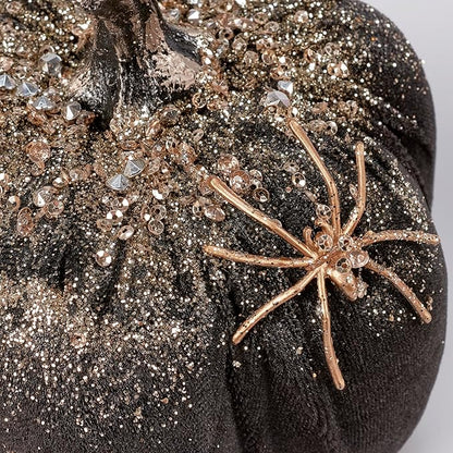 Primitives by Kathy Sesonal Home Decor Accessory Black and Gold Glitter and Jewels Spider Pumpkin, 5.25' Diameter x 6.25', Halloween Decorative Pumpkin
