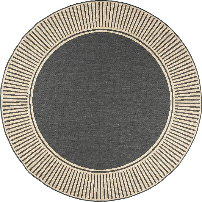 nuLOOM 6'7" Round Outdoor Area Rug, Casual Design With Striped Border, Stain Resistant, Highly Durable, For Patio, Balcony, Bedroom, Living Room, Dining Room, Bathroom, Dark Grey