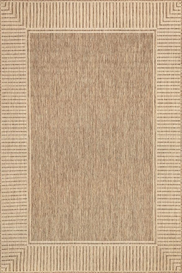 nuLOOM 10' x 13' Outdoor Area Rug, Casual Design with Striped Border, Stain Resistant, Highly Durable, for Patio, Balcony, Bedroom, Living Room, Dining Room, Bathroom, Light Brown