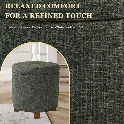 Homepop Home Decor | Upholstered Round Storage Ottoman with Nailheads| Ottoman with Storage for Living Room & Bedroom, Green Clover Fabric