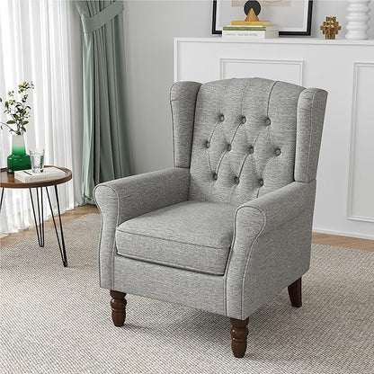 High Back Accent Chair, High Wingback Chair for Living Room, Button-Tufted Upholstered Fabric Armchair with Solid Wood Legs, Comfy Single Sofa Reading Chair for Bedroom, Light Gray