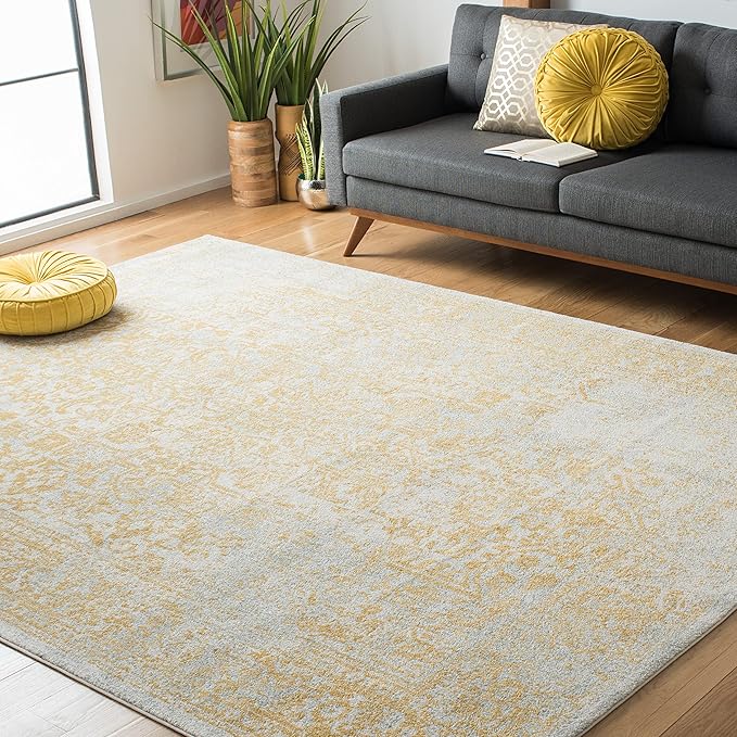 SAFAVIEH Evoke Collection Area Rug - 6'7" Square, Ivory & Gold, Distressed Design, Non-Shedding & Easy to Clean, Ideal for Living Room, Bedroom, Dining Space (EVK256B)