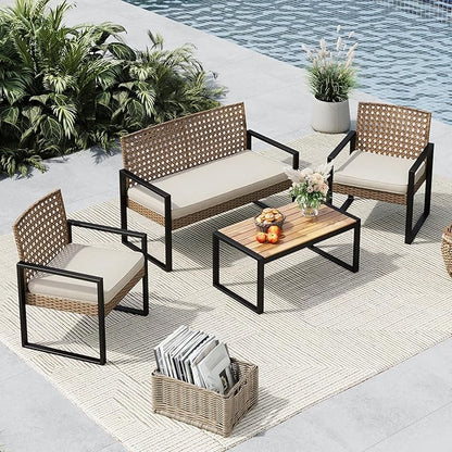 MFSTUDIO 4 Piece Wicker Patio Furniture Set, Small Patio Sofa with Loveseat & Chaise & Acacia Wood Table, Outdoor Sectional Couch with Wood Table, Beige