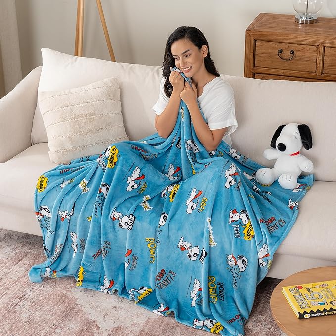Berkshire Blanket Peanuts® VelvetLoft® Cute Character Snoopy Plush Throw Blanket,Peanuts Large Masked Marvel Toss Happy Blue,Throw 55 in x 70 in (Official Peanuts® Product)