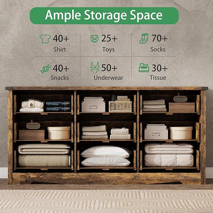 Dresser for Bedroom with 9 Drawers, 59" Wide Wood Chest of Drawers with Deep Drawers & Mental Handle, Modern Dresser TV Stand, Wooden Closet Storage Organizer for Living Room, Hallway, Entryway, Brown