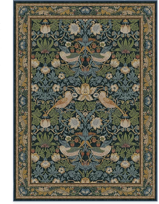 RUGGABLE x Morris & Co Washable Area Rug – Strawberry Thief Indigo 5x7, Stain-Resistant, Non-Slip – Medium Machine Washable Rugs for Living Room, Bedroom, Hallway, Entryway & Office–with Standard Pad