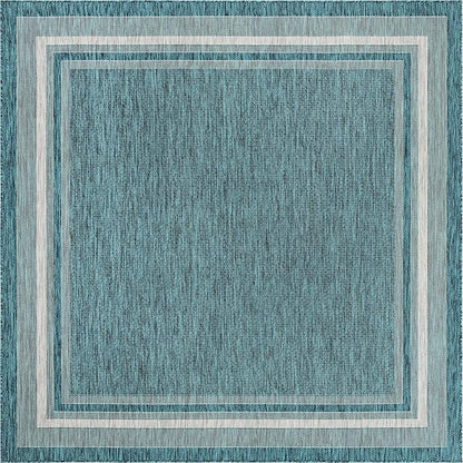 Unique Loom Outdoor Border Collection Area Rug - Soft Border (7' 10" Square, Teal/ Ivory)