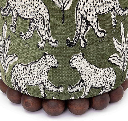 First of a Kind Ottoman Foot Rest - Olive Green Round Ottoman Stool with Solid Wood Spherical Orbs - 15.7" W x 15.7" D x 18.3" H - Handmade, Easy Clean, 330 lbs Weight Capacity